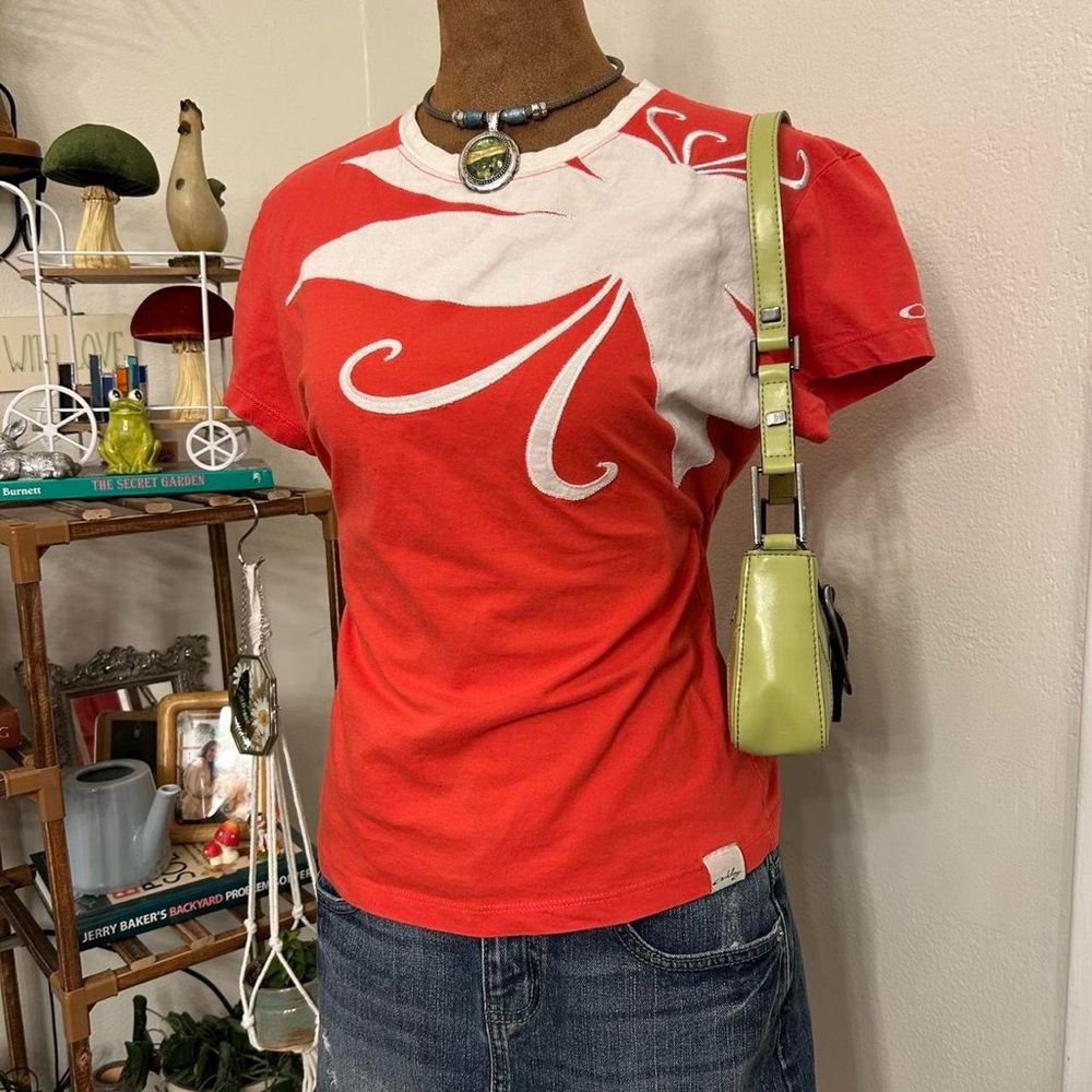 RARE Oakley Coral Red Baby Tee w White Abstract Butterfly Embroidered Appliqué